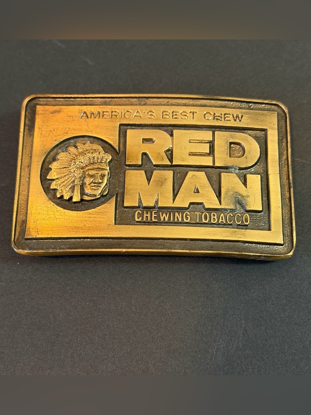 Vintage RED MAN CHEWING TOBACCO Brass Belt Buckle Smooth Back Western Rodeo